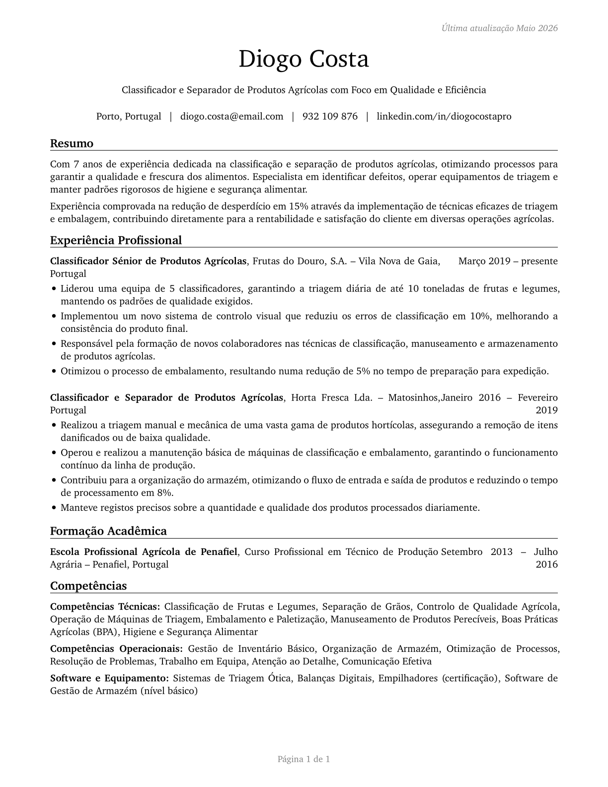 Graders and Sorters, Agricultural Products CV in Portuguese — page 1