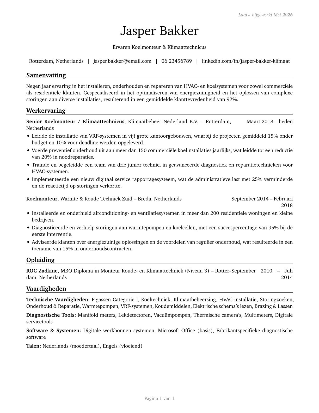 Heating, Air Conditioning, and Refrigeration Mechanics and Installers CV in Dutch — page 1