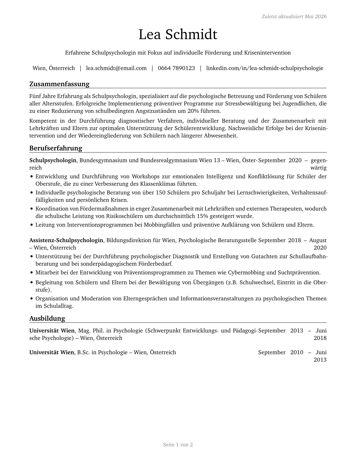 School Psychologists CV in German — page 1