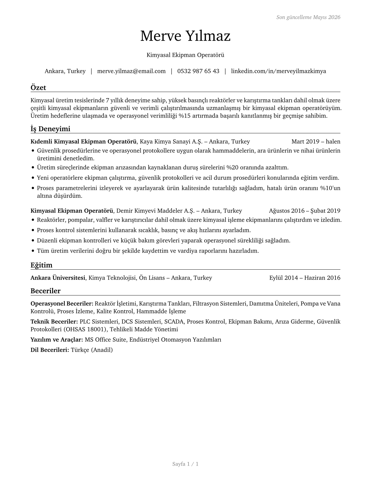 Chemical Equipment Operators and Tenders CV in Turkish — page 1