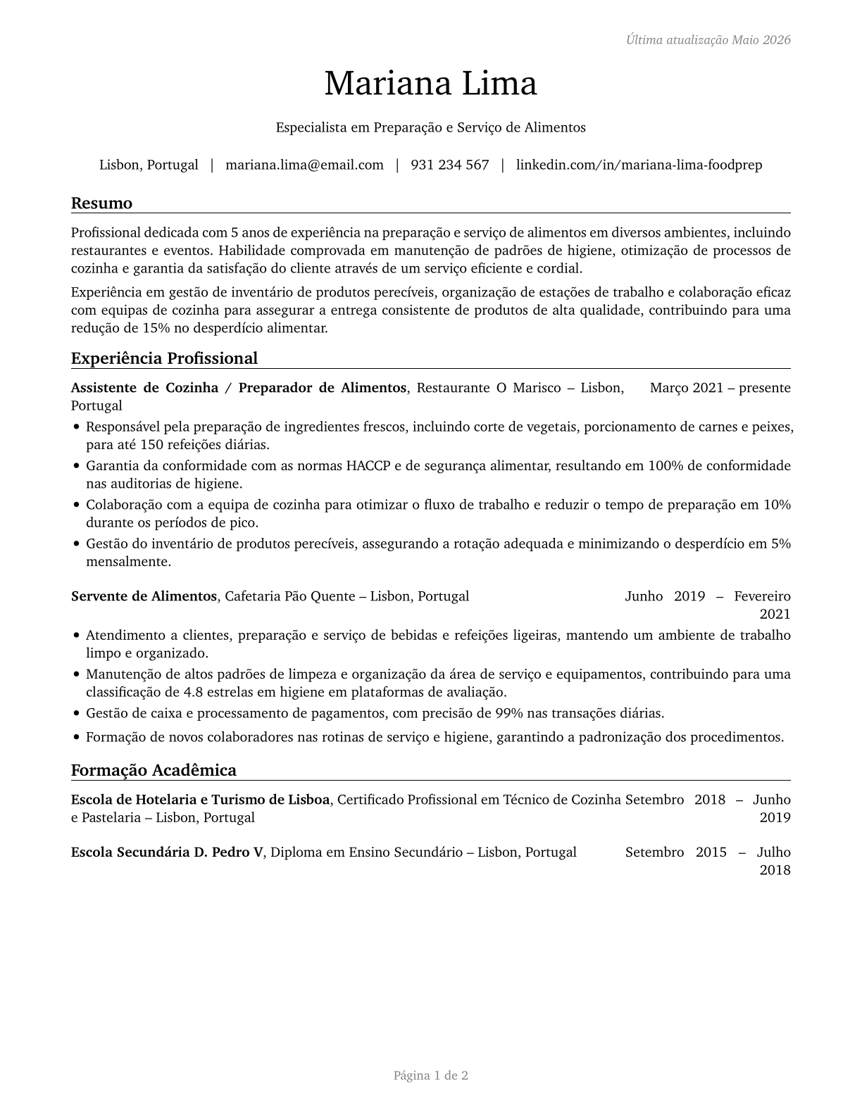 Food Preparation and Serving Related Workers, All Other CV in Portuguese — page 1