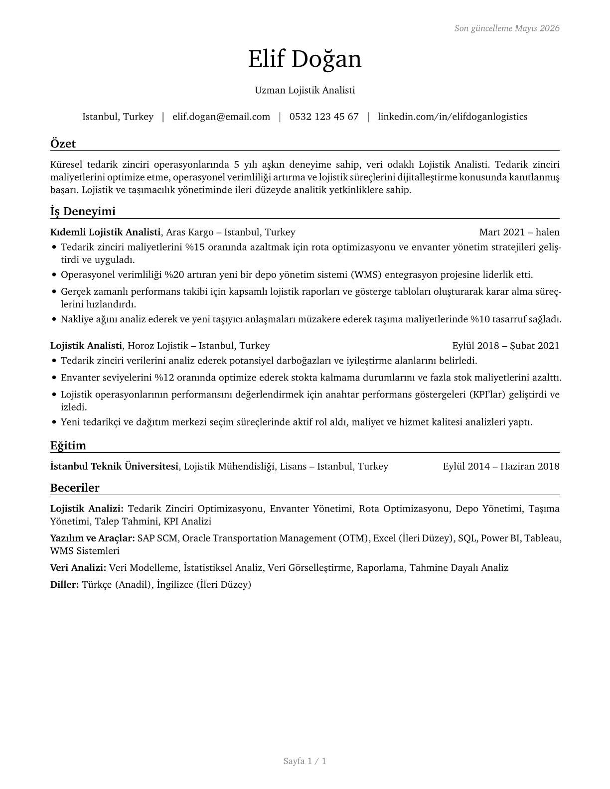 Logistics Analysts CV in Turkish — page 1