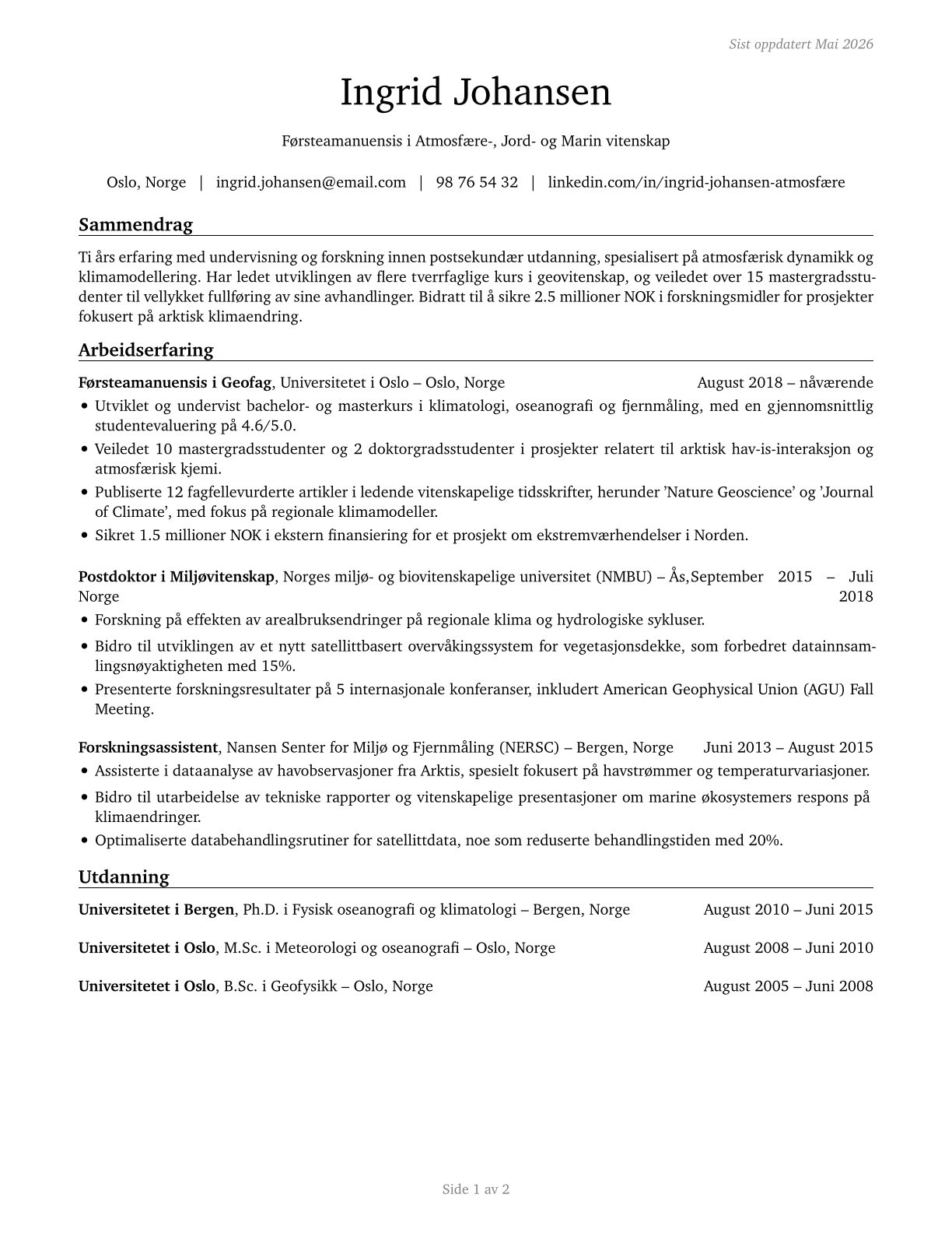 Atmospheric, Earth, Marine, and Space Sciences Teachers, Postsecondary CV in Norwegian_bokmal — page 1
