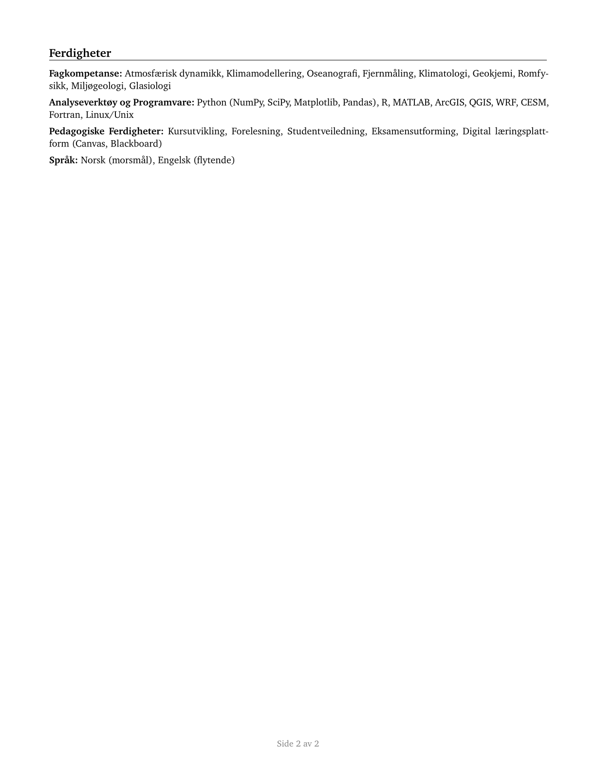Atmospheric, Earth, Marine, and Space Sciences Teachers, Postsecondary CV in Norwegian_bokmal — page 2