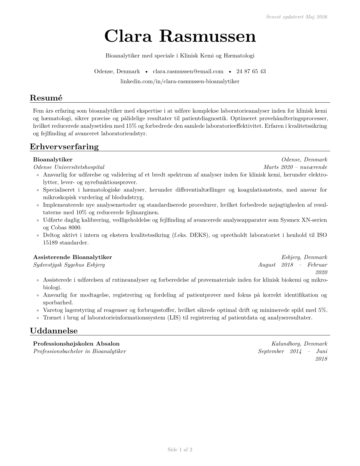 Medical and Clinical Laboratory Technicians CV in Danish — page 1