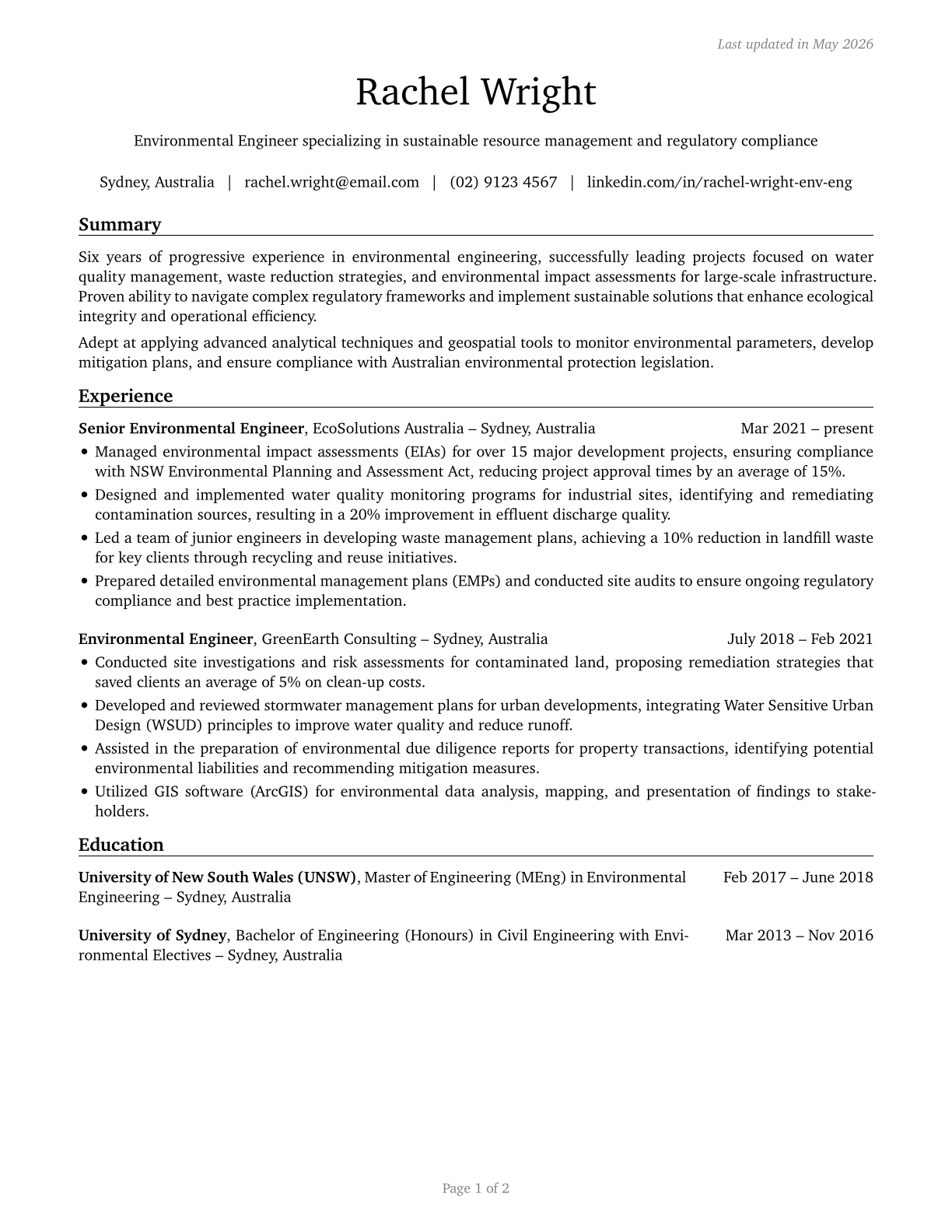 Environmental Engineers CV in English — page 1