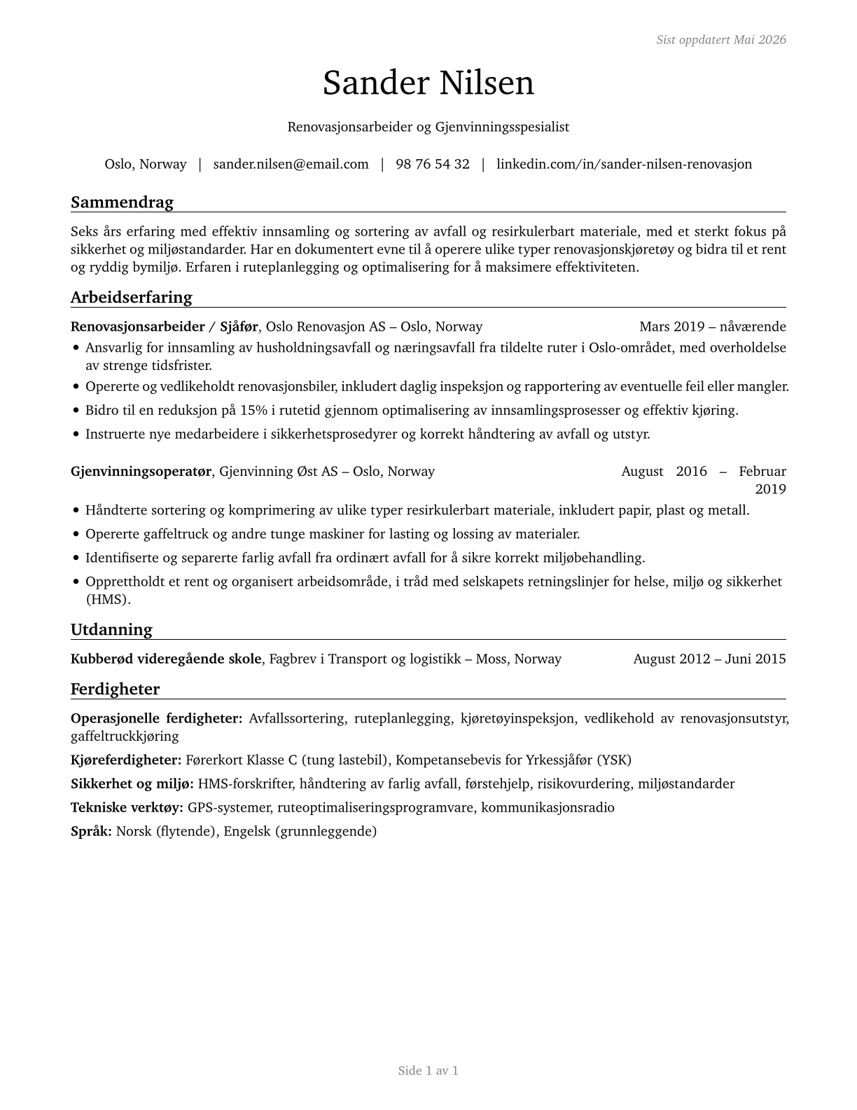 Refuse and Recyclable Material Collectors CV in Norwegian_bokmal — page 1