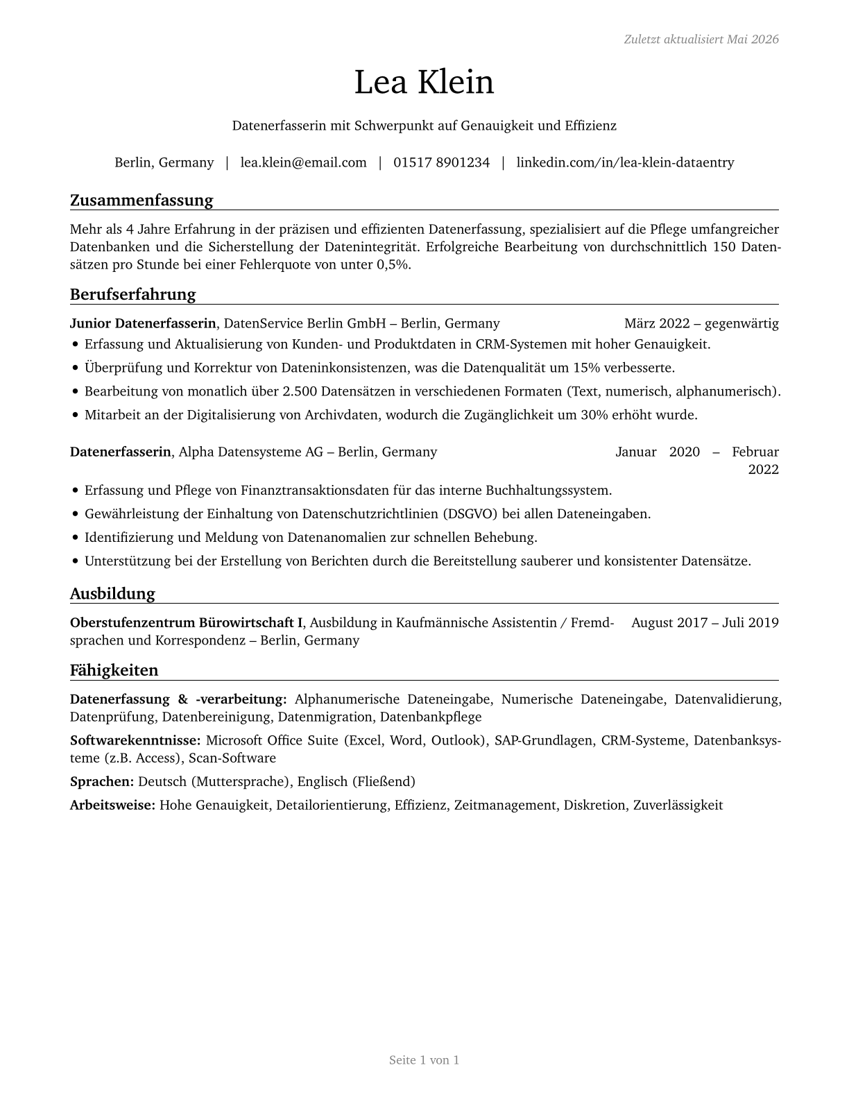 Data Entry Keyers CV in German — page 1