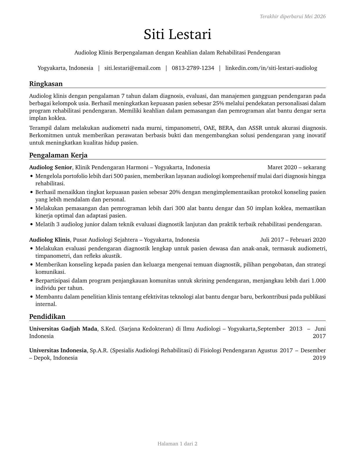 Audiologists CV in Indonesian — page 1