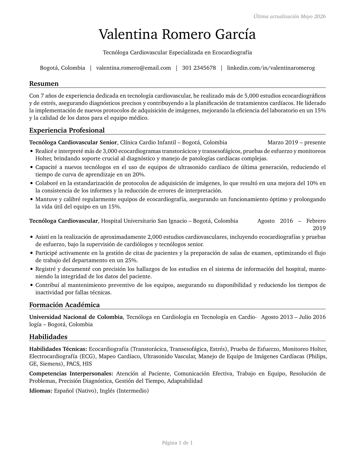Cardiovascular Technologists and Technicians CV in Spanish — page 1