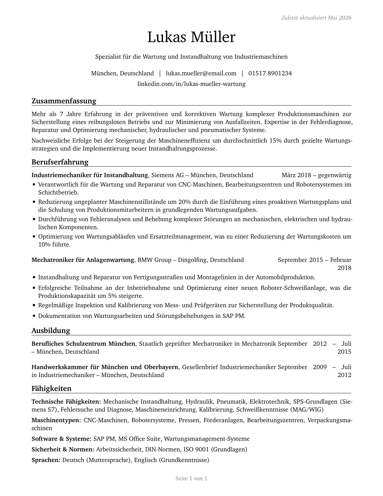 Maintenance Workers, Machinery CV in German — page 1