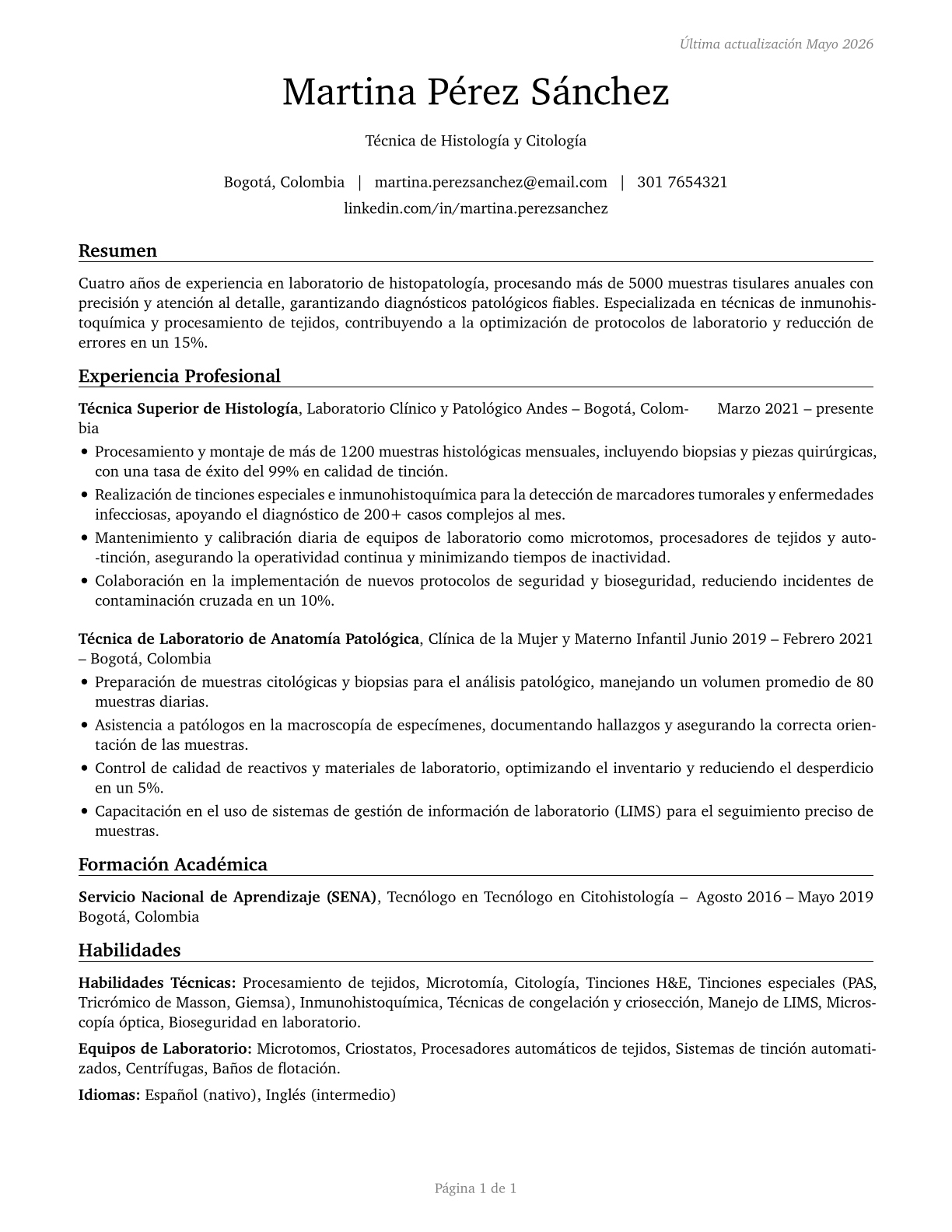 Histology Technicians CV in Spanish — page 1