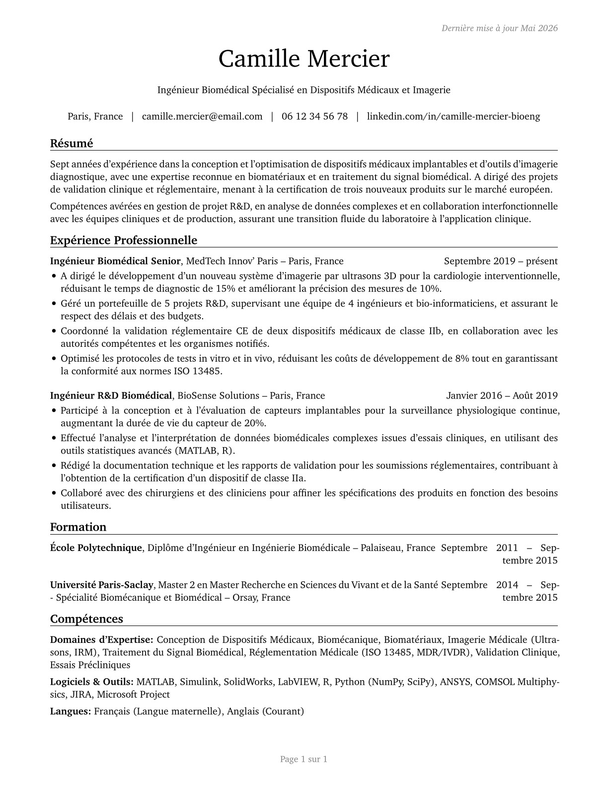 Bioengineers and Biomedical Engineers CV in French — page 1