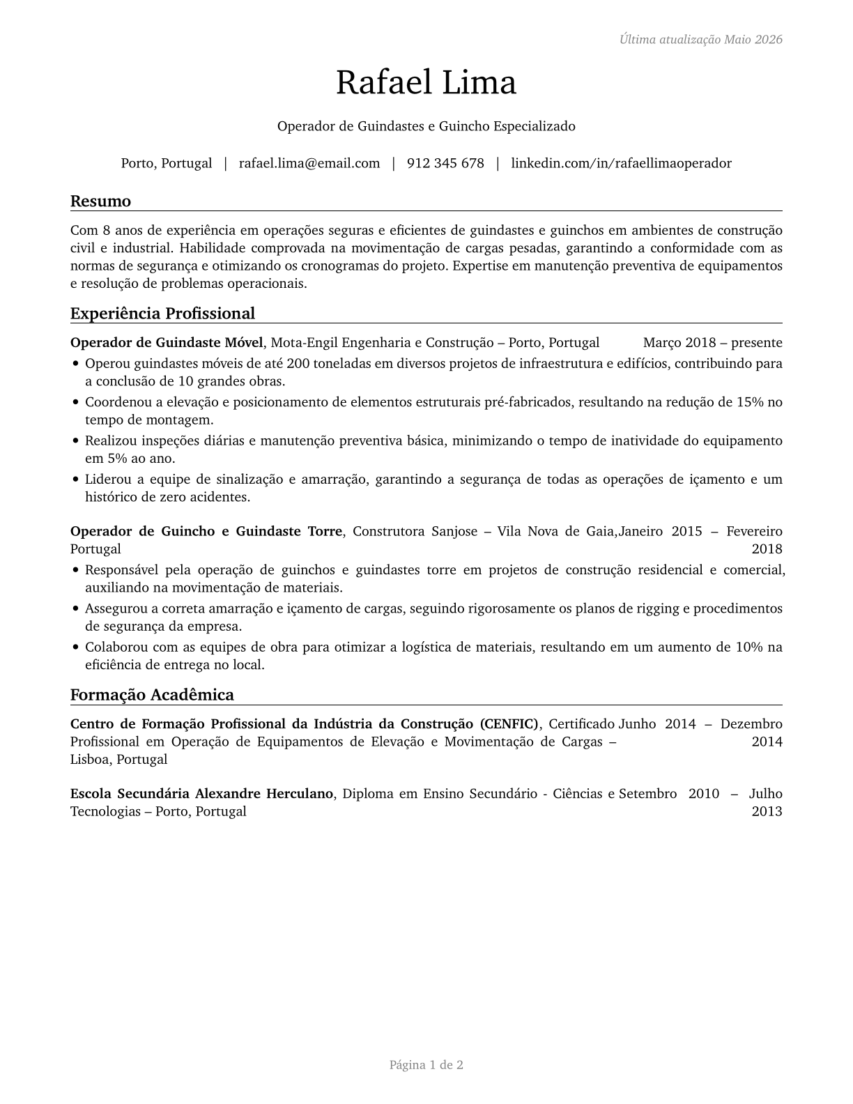 Hoist and Winch Operators CV in Portuguese — page 1
