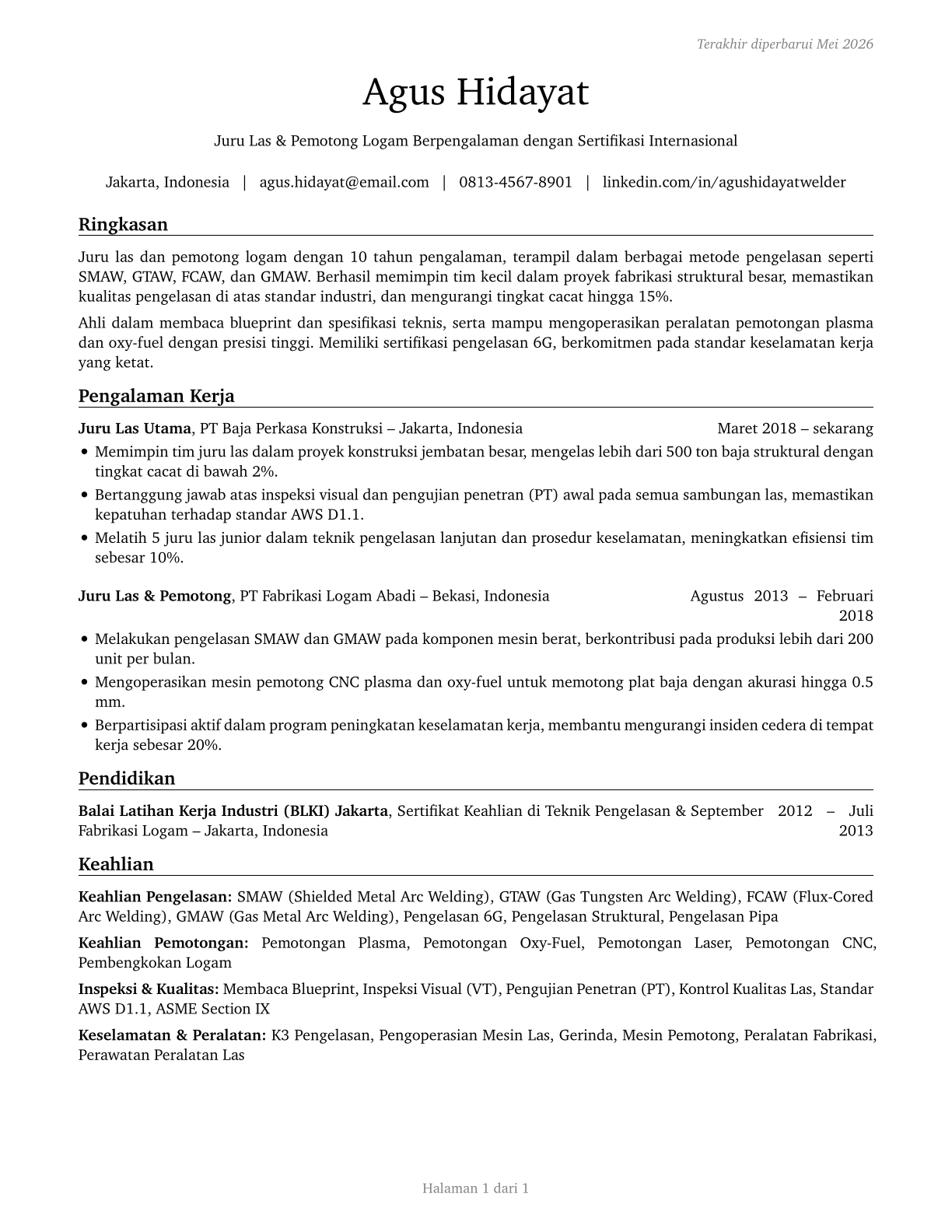 Welders, Cutters, Solderers, and Brazers CV in Indonesian — page 1