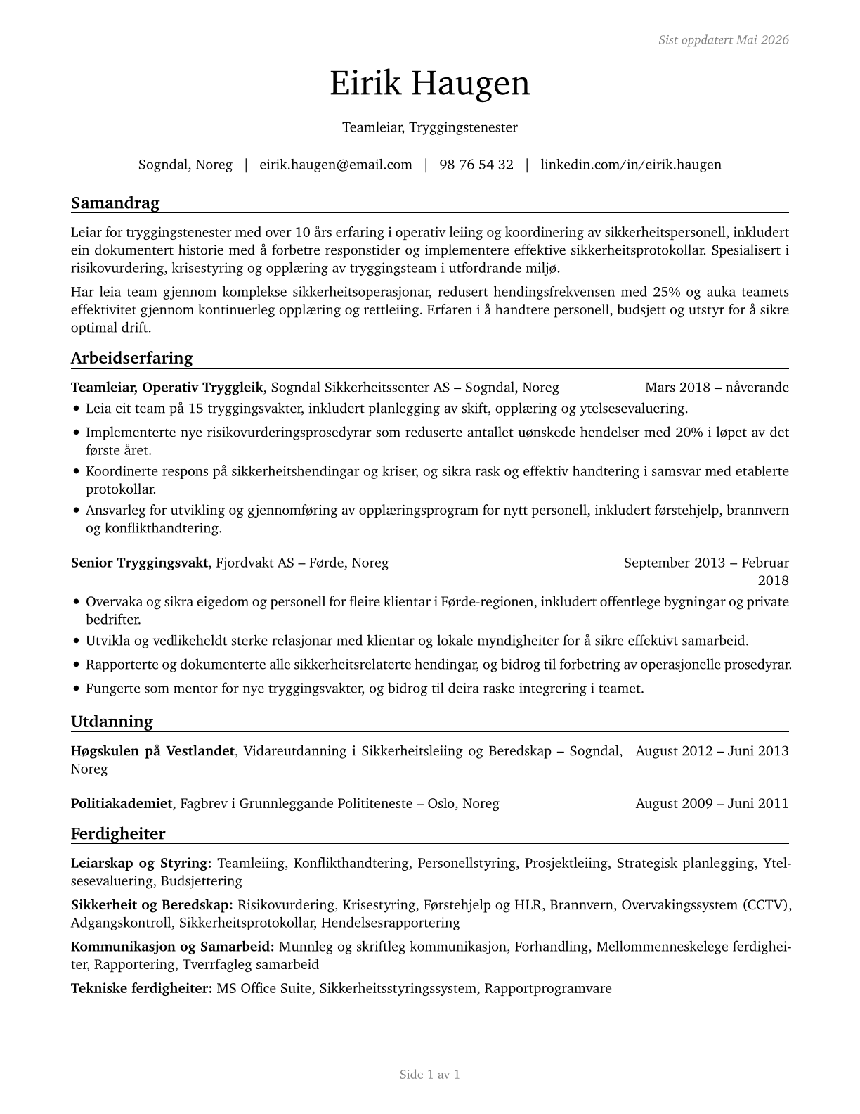 First-Line Supervisors of Protective Service Workers, All Other CV in Norwegian_nynorsk — page 1