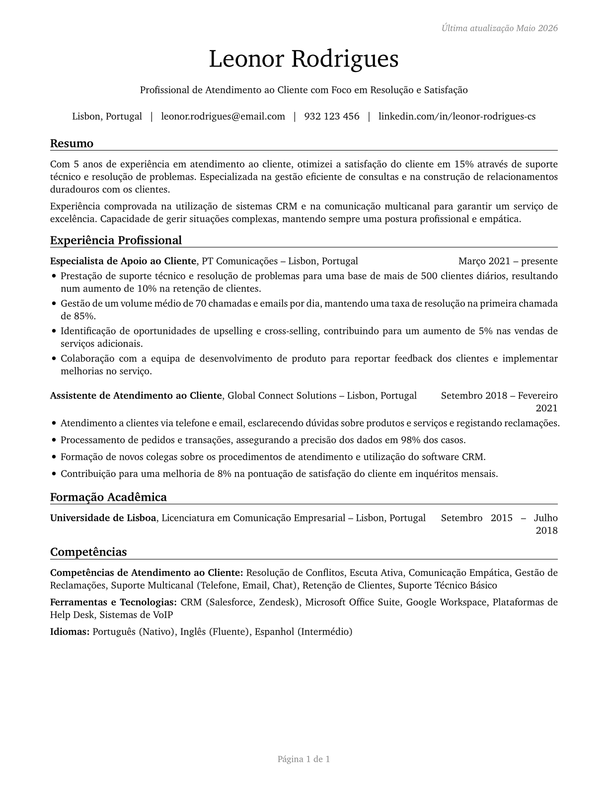 Customer Service Representatives CV in Portuguese — page 1