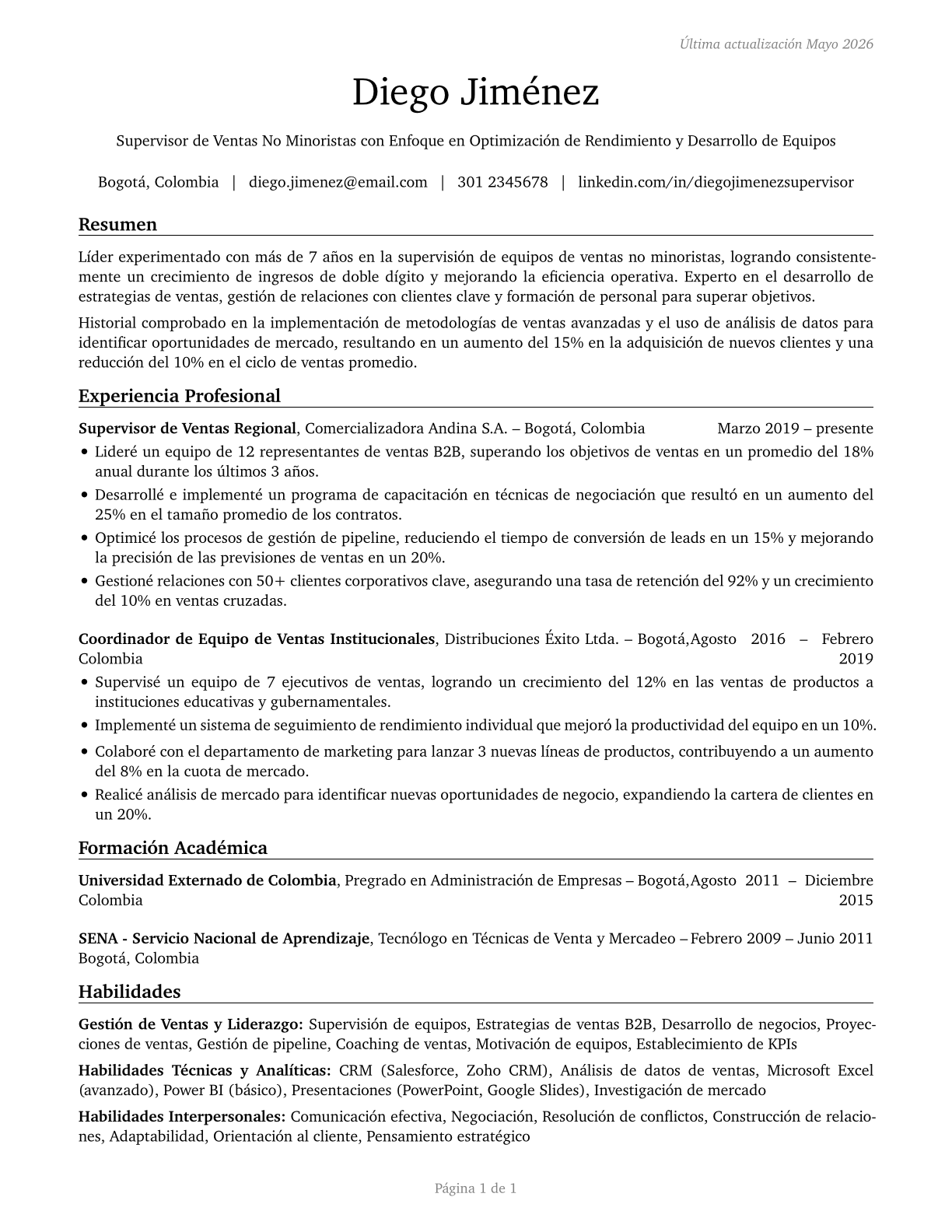 First-Line Supervisors of Non-Retail Sales Workers CV in Spanish — page 1