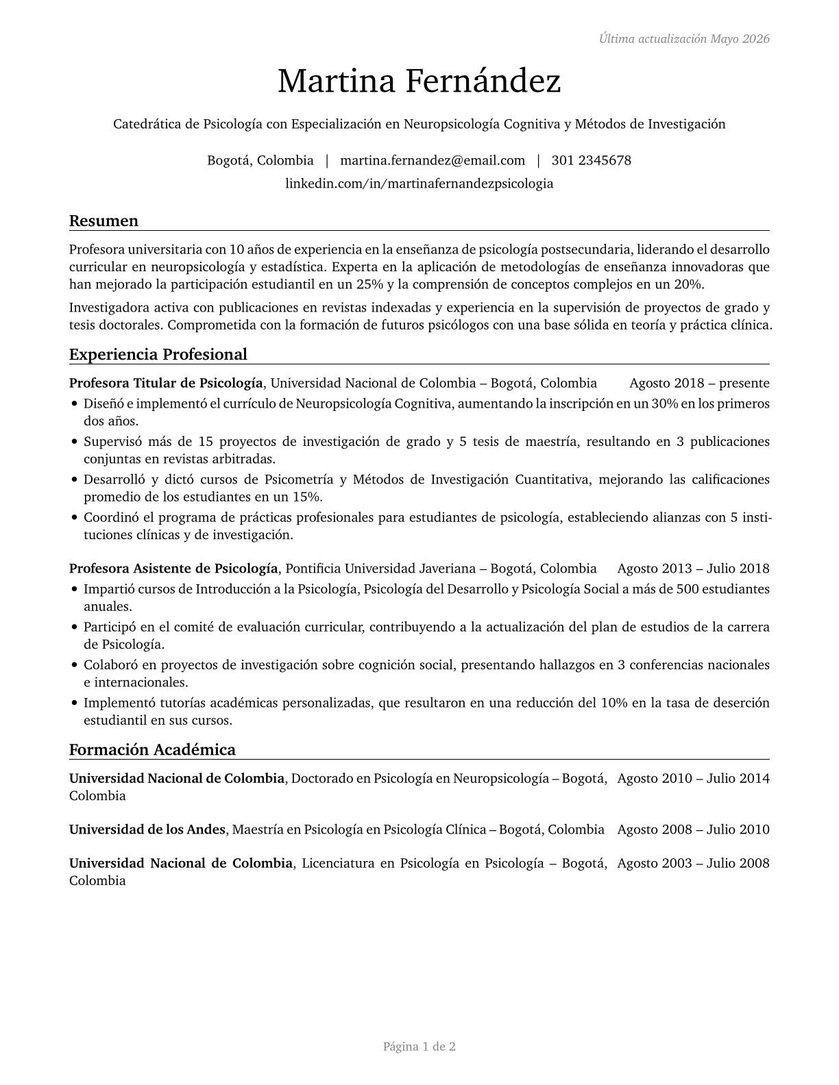 Psychology Teachers, Postsecondary CV in Spanish — page 1