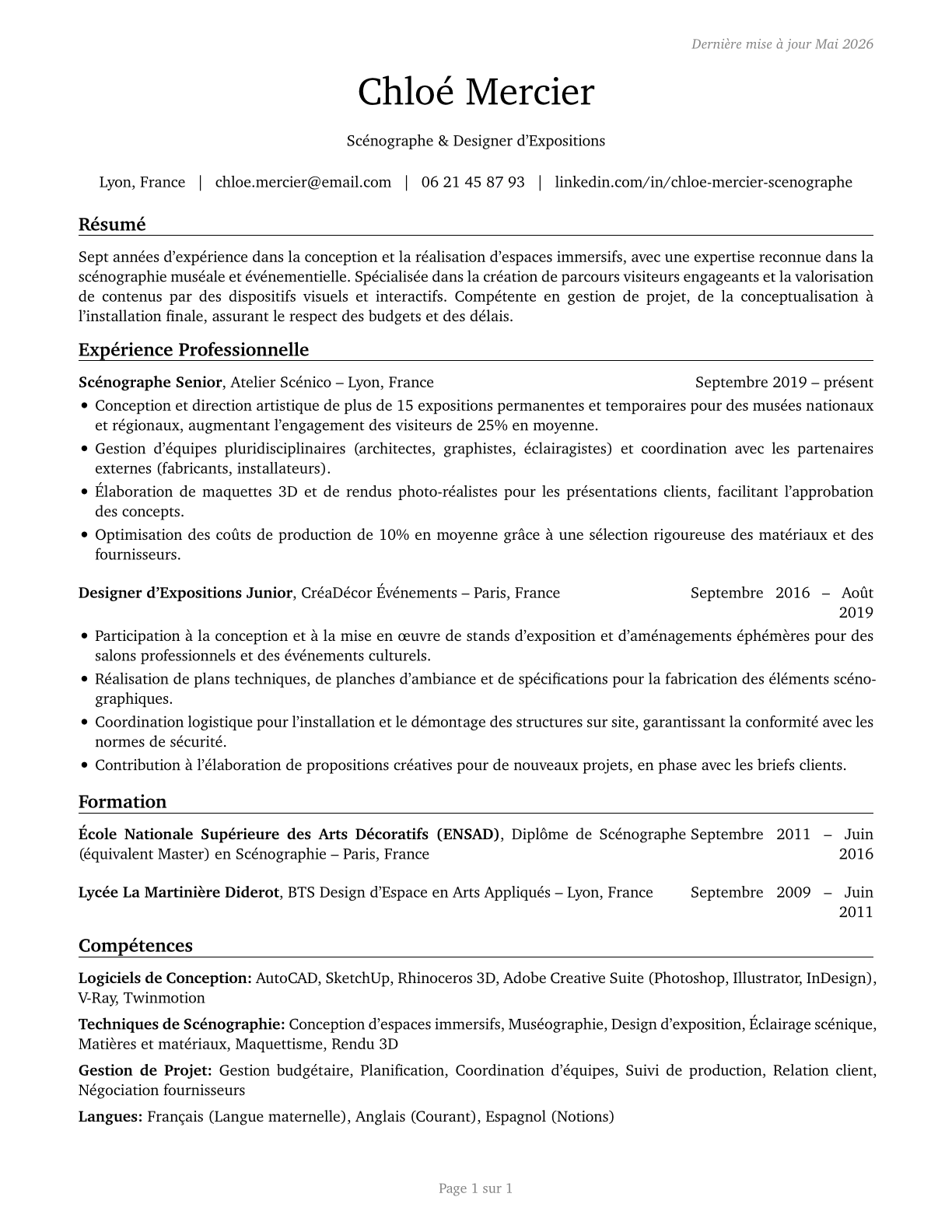 Set and Exhibit Designers CV in French — page 1
