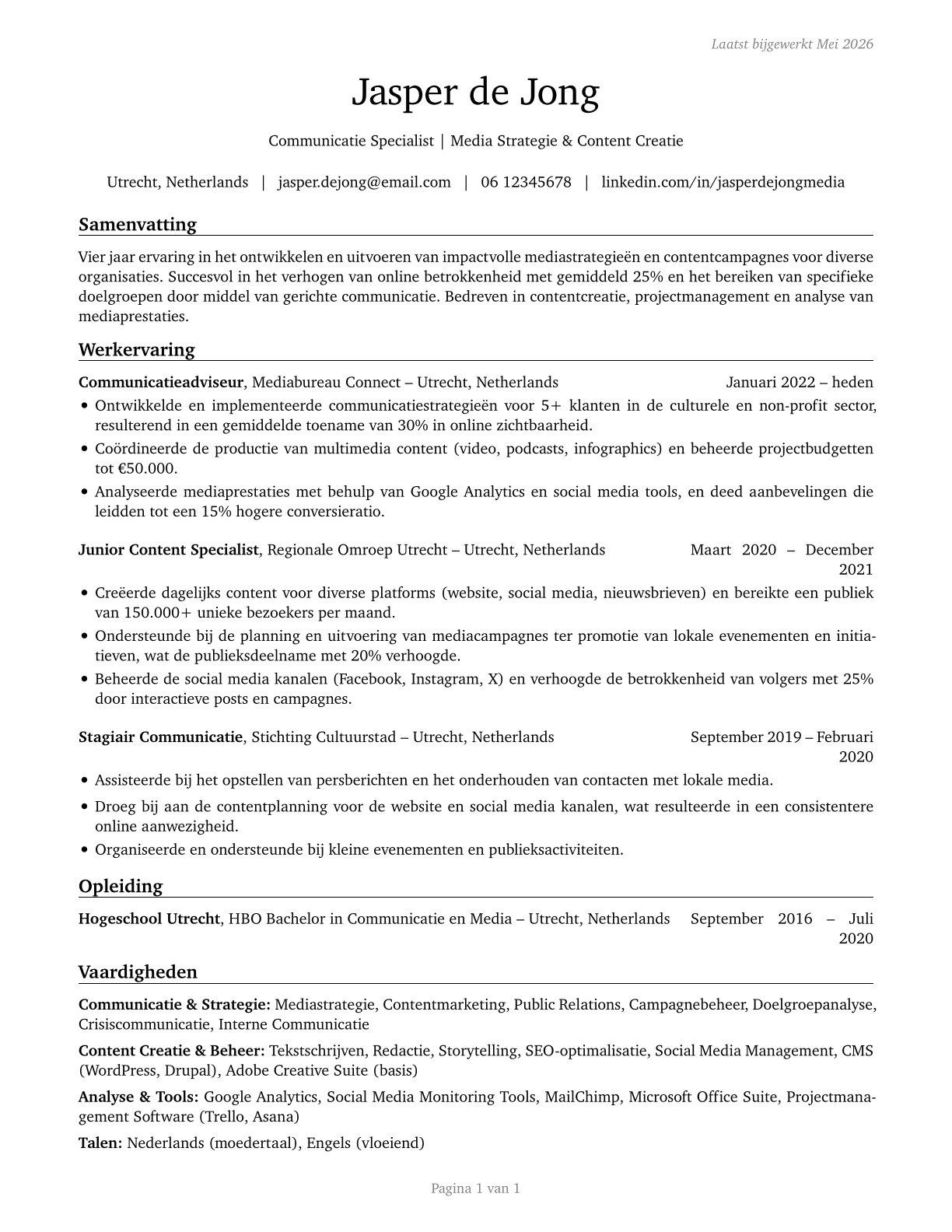 Media and Communication Workers, All Other CV in Dutch — page 1