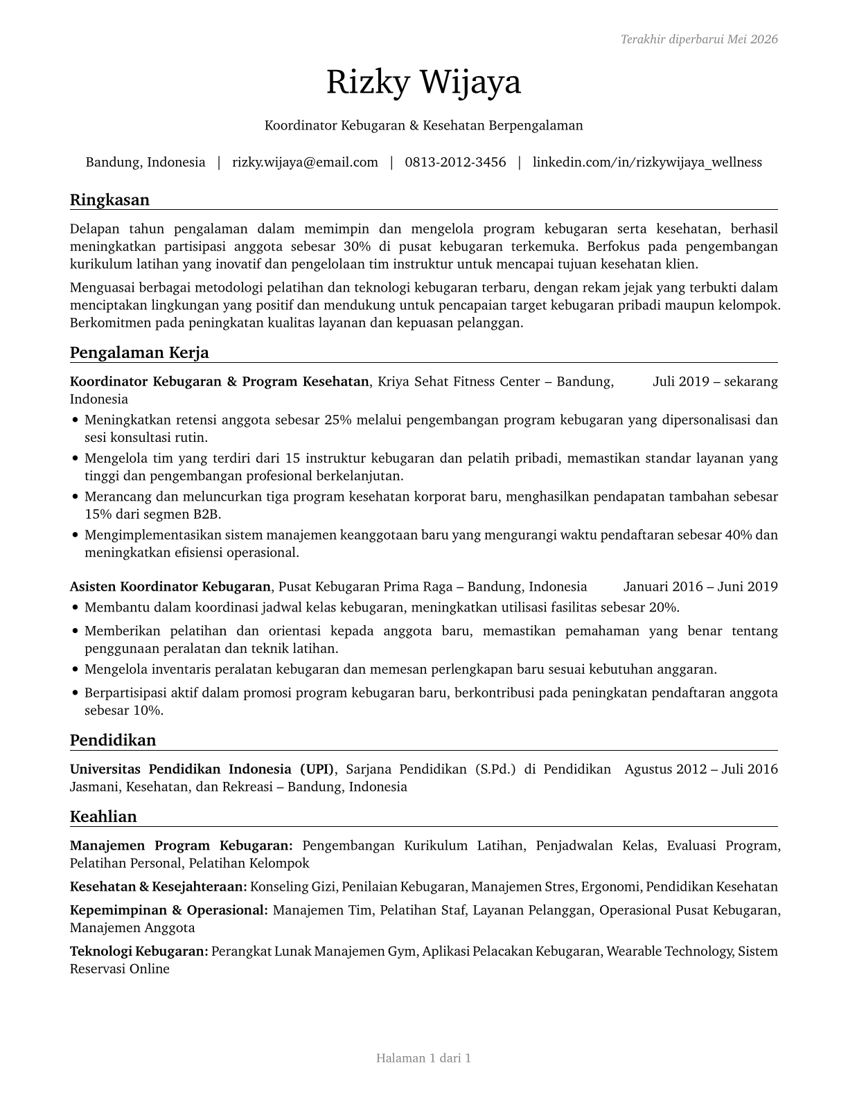 Fitness and Wellness Coordinators CV in Indonesian — page 1