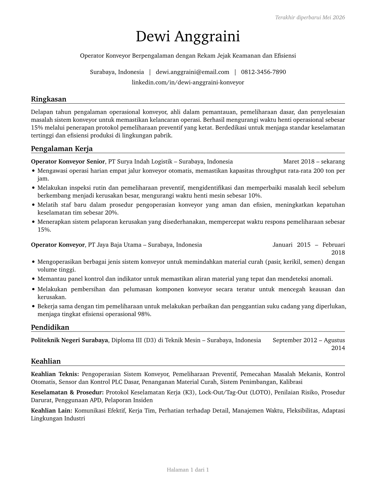Conveyor Operators and Tenders CV in Indonesian — page 1