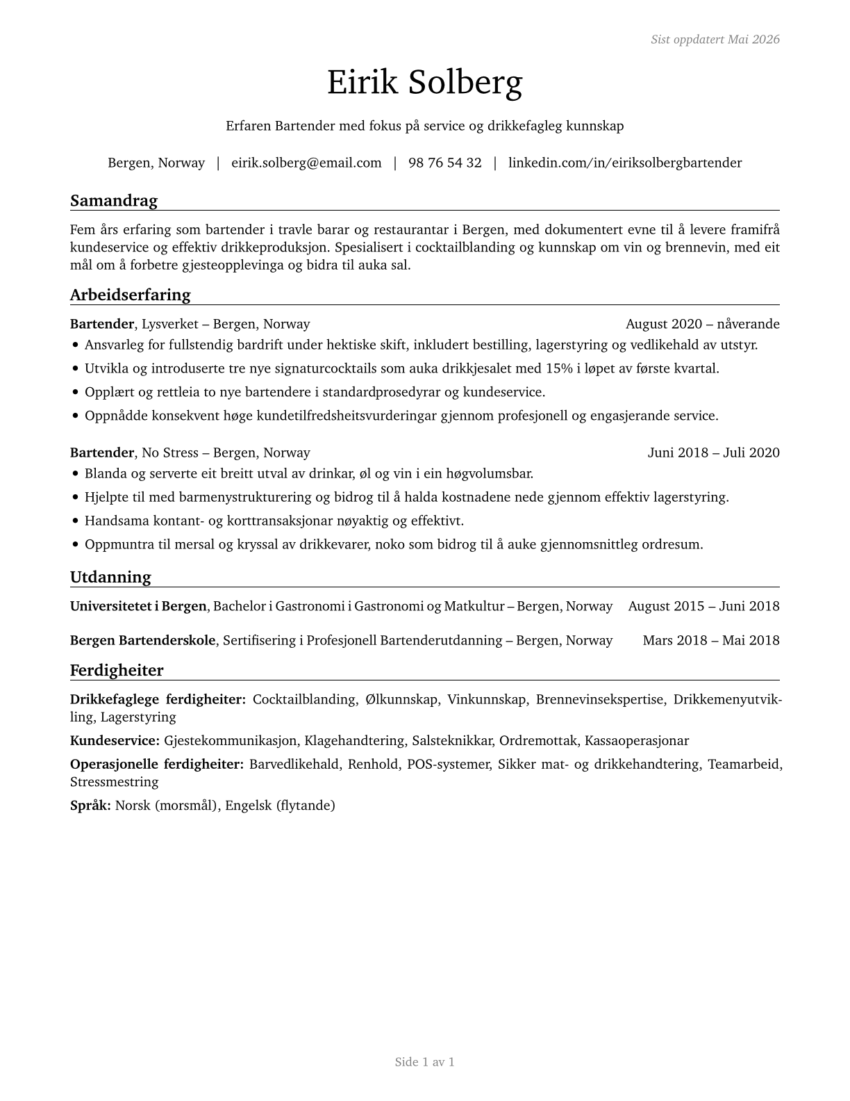 Bartenders CV in Norwegian_nynorsk — page 1