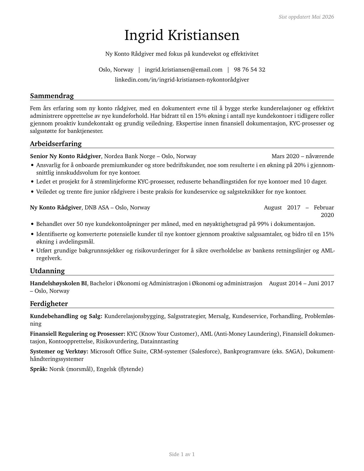 New Accounts Clerks CV in Norwegian_bokmal — page 1