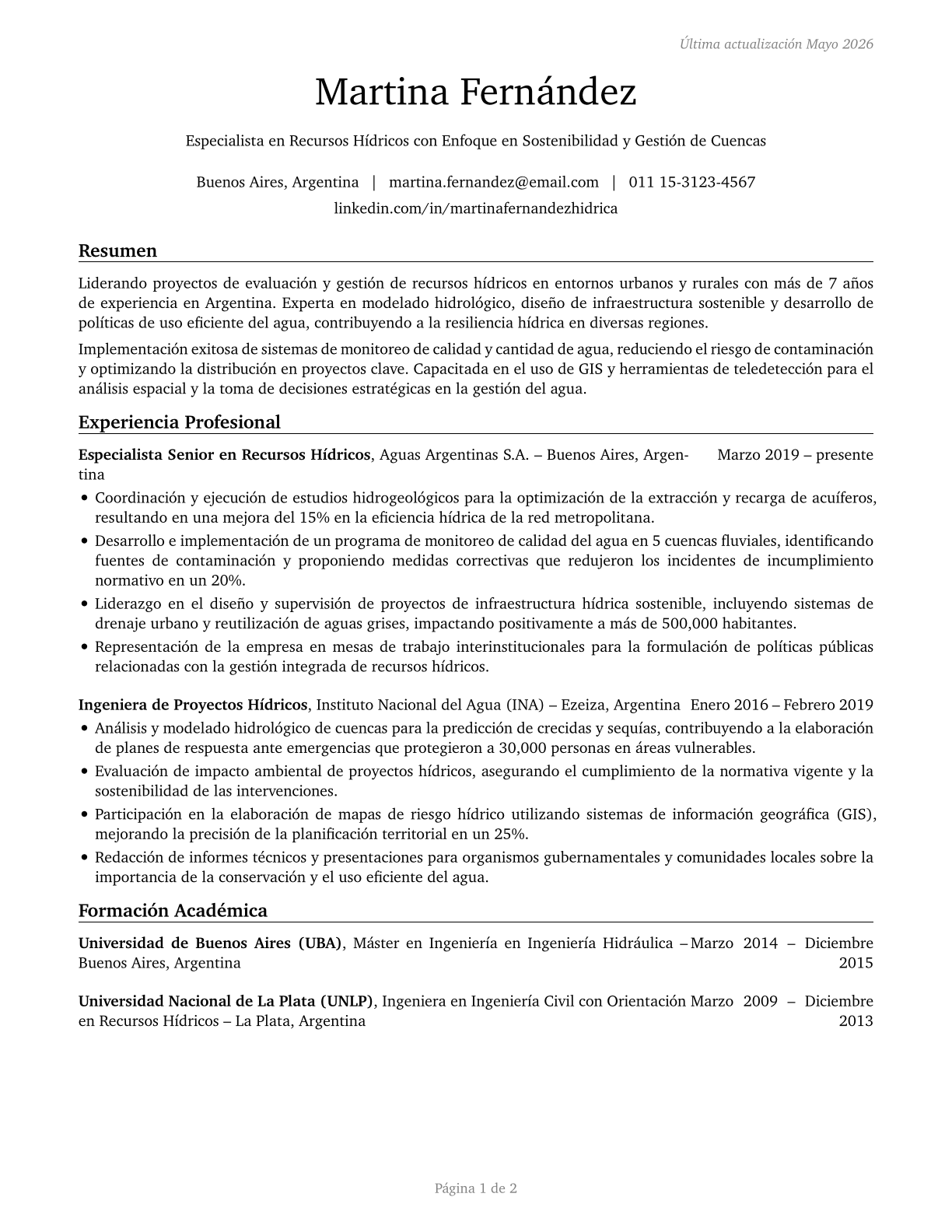 Water Resource Specialists CV in Spanish — page 1