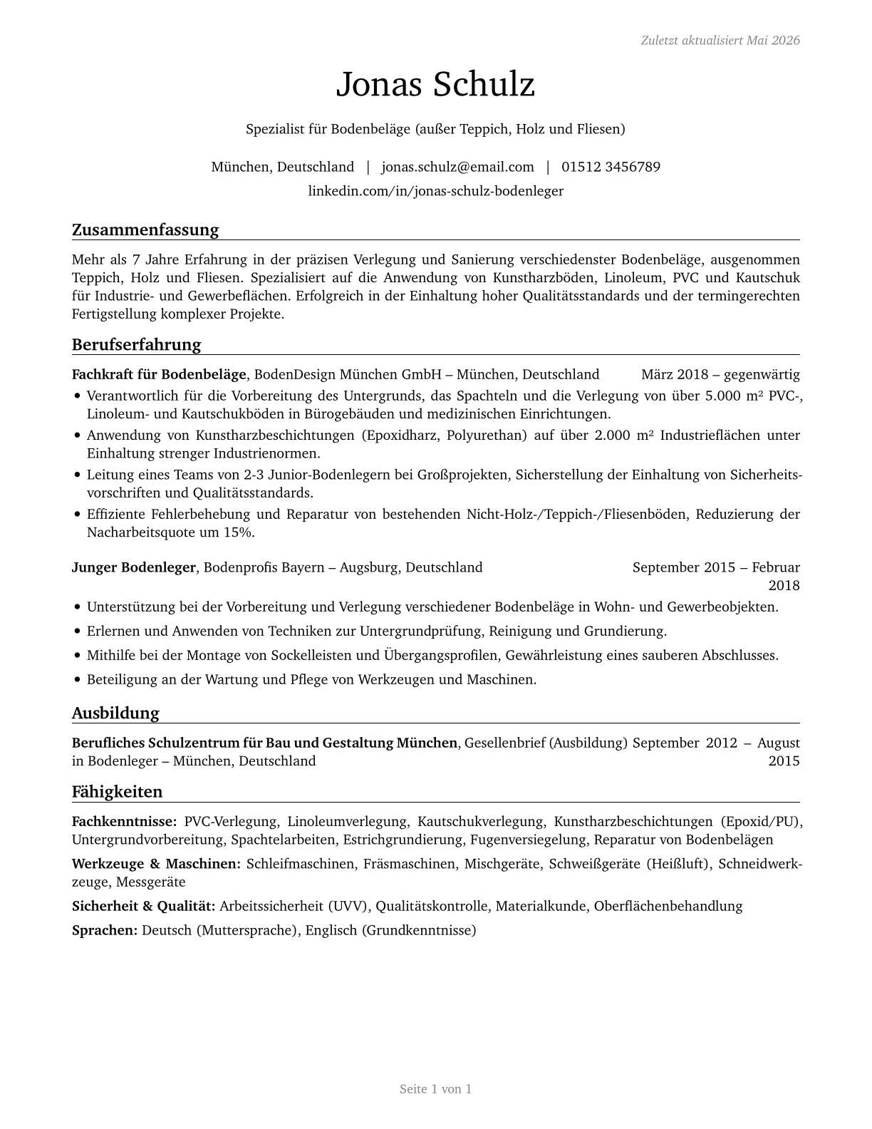 Floor Layers, Except Carpet, Wood, and Hard Tiles CV in German — page 1