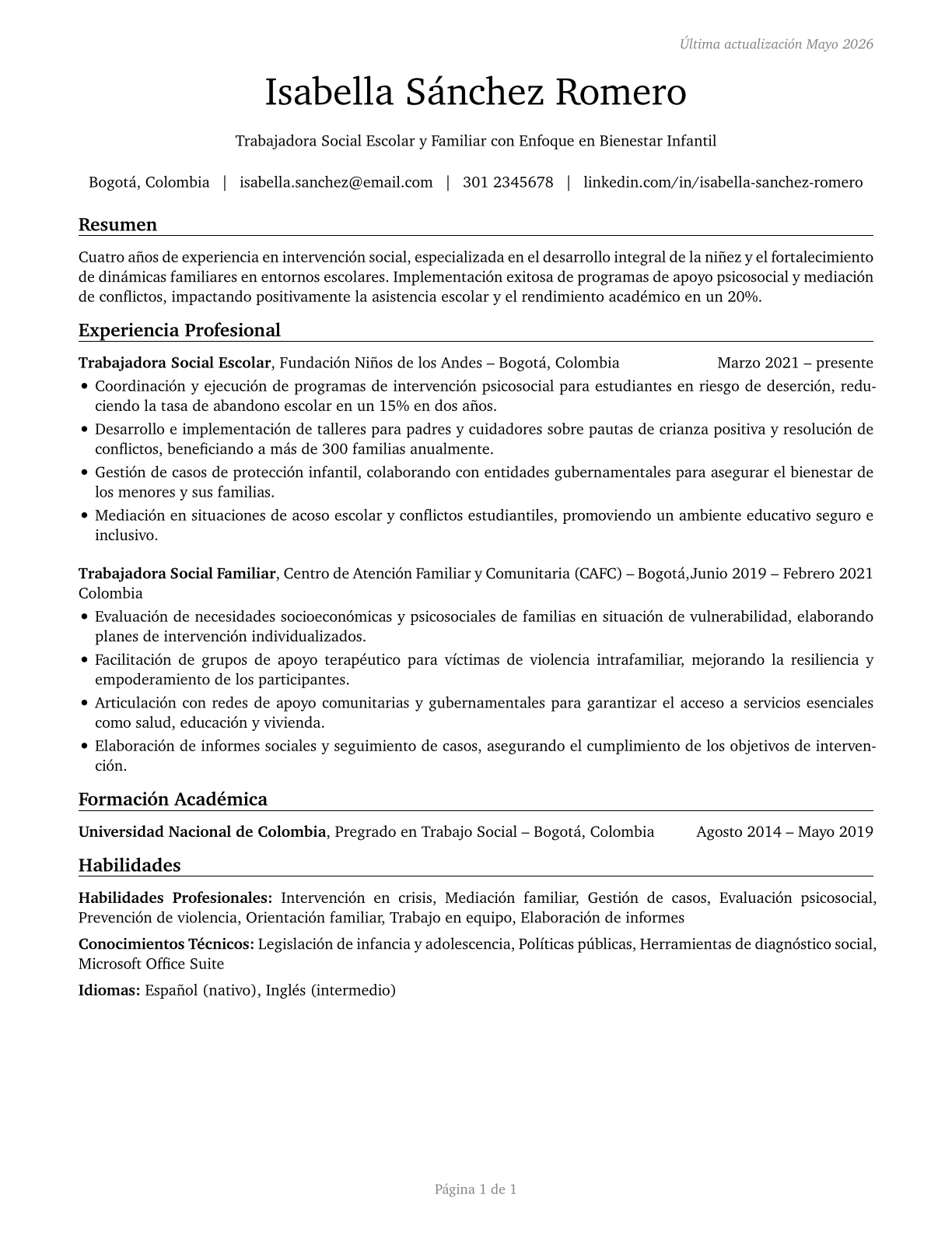 Child, Family, and School Social Workers CV in Spanish — page 1