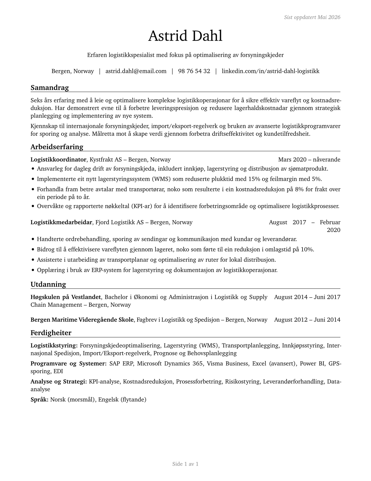 Logisticians CV in Norwegian_nynorsk — page 1