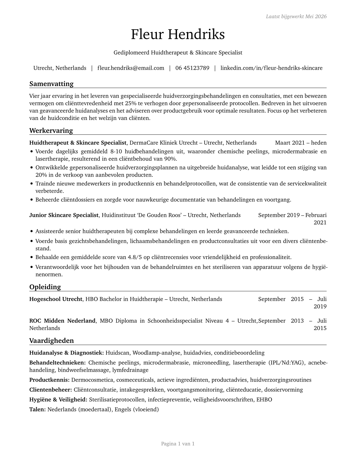 Skincare Specialists CV in Dutch — page 1