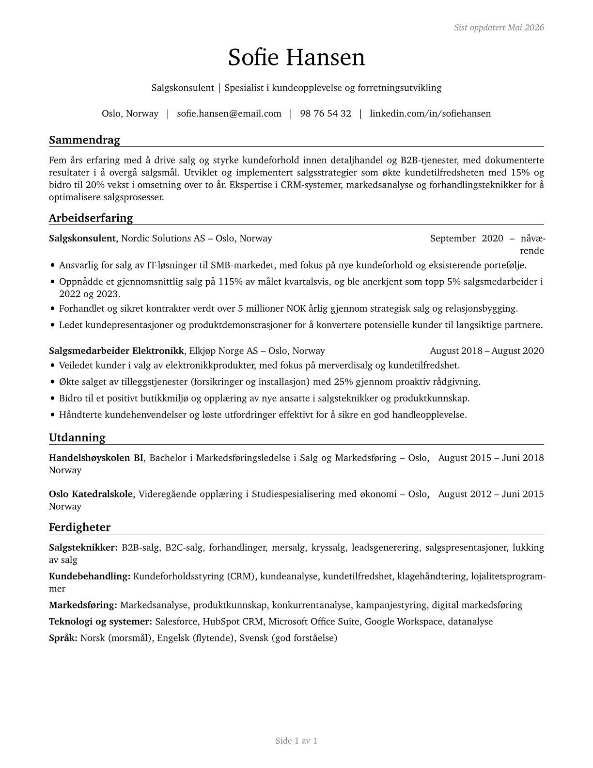 Sales and Related Workers, All Other CV in Norwegian_bokmal — page 1