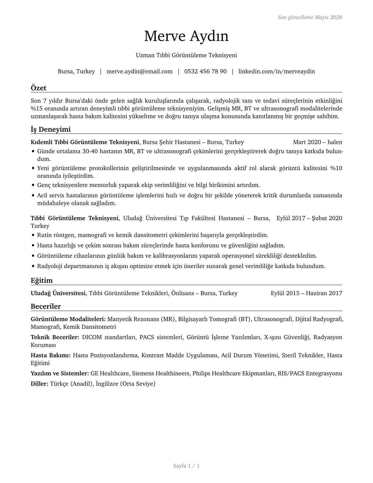 Healthcare Diagnosing or Treating Practitioners, All Other CV in Turkish — page 1