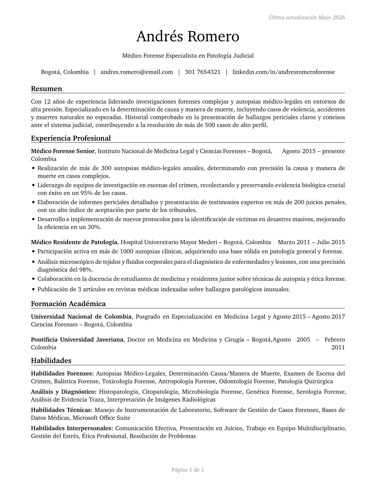 Coroners CV in Spanish — page 1