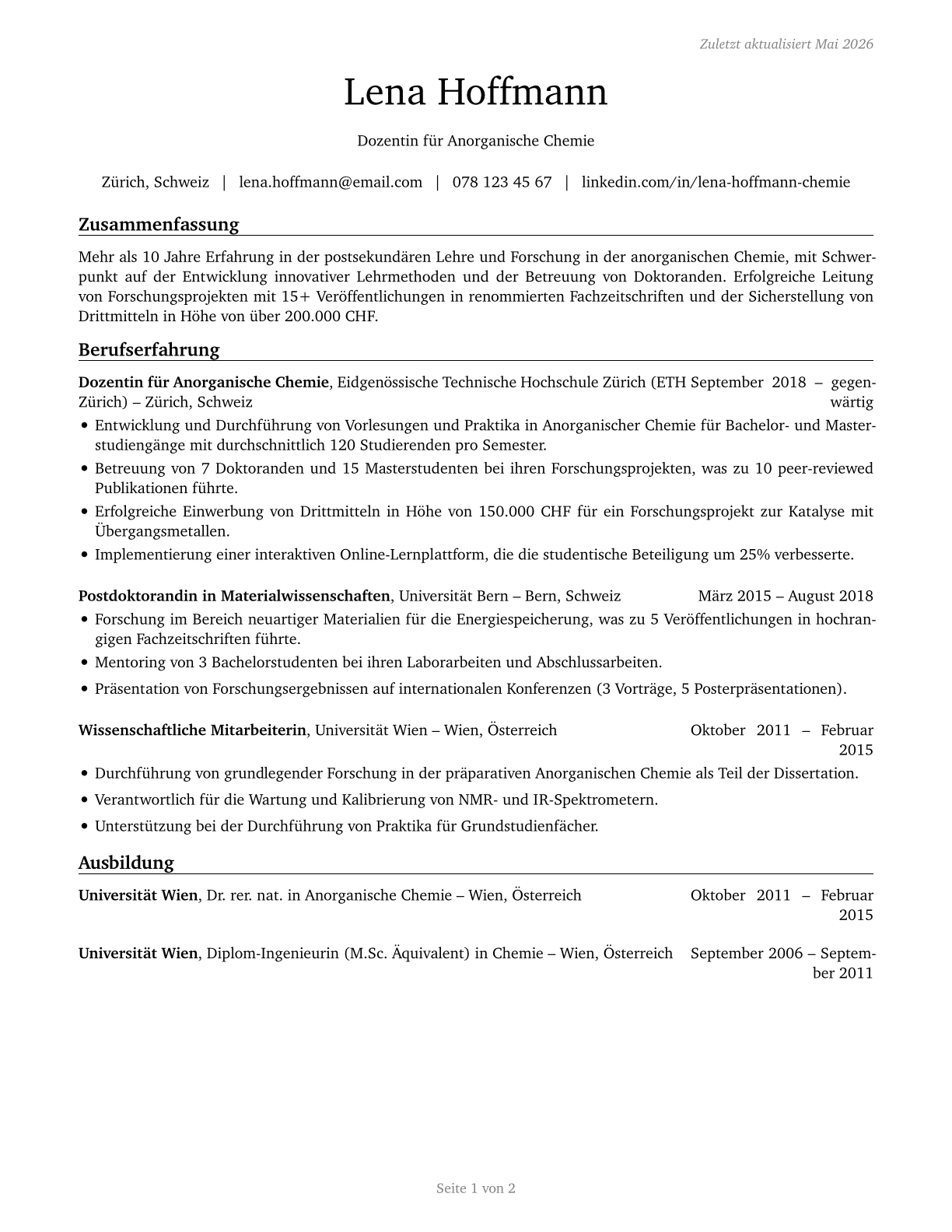 Chemistry Teachers, Postsecondary CV in German — page 1