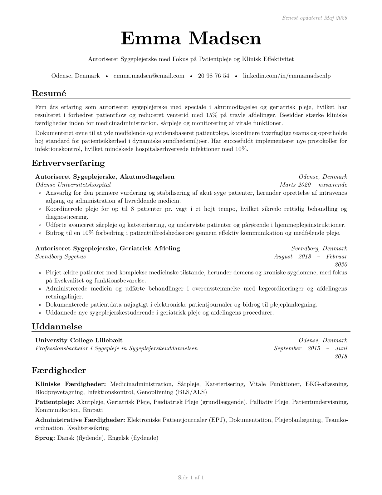 Licensed Practical and Licensed Vocational Nurses CV in Danish — page 1