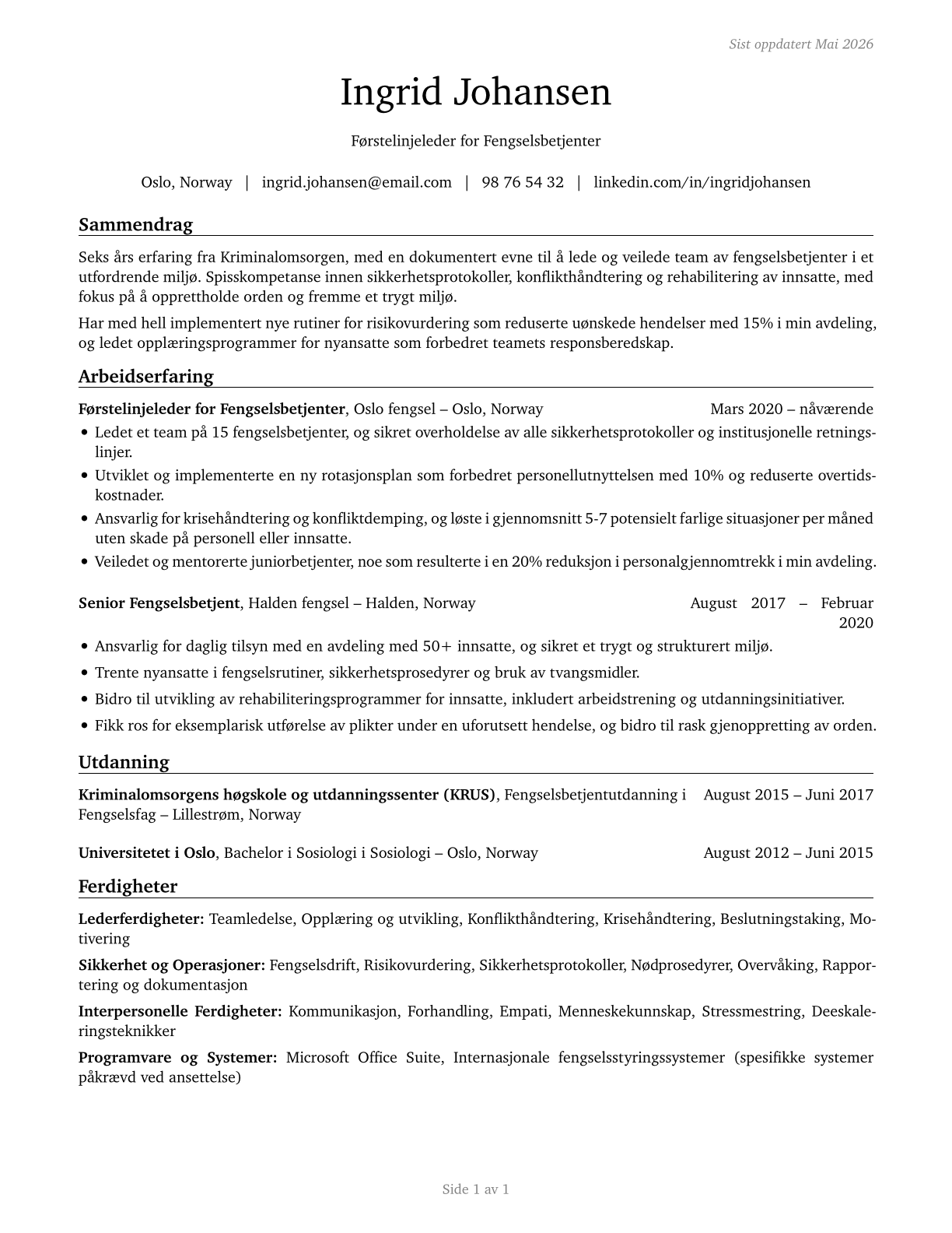 First-Line Supervisors of Correctional Officers CV in Norwegian_bokmal — page 1