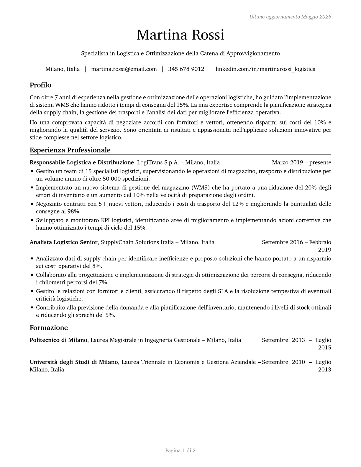 Logisticians CV in Italian — page 1