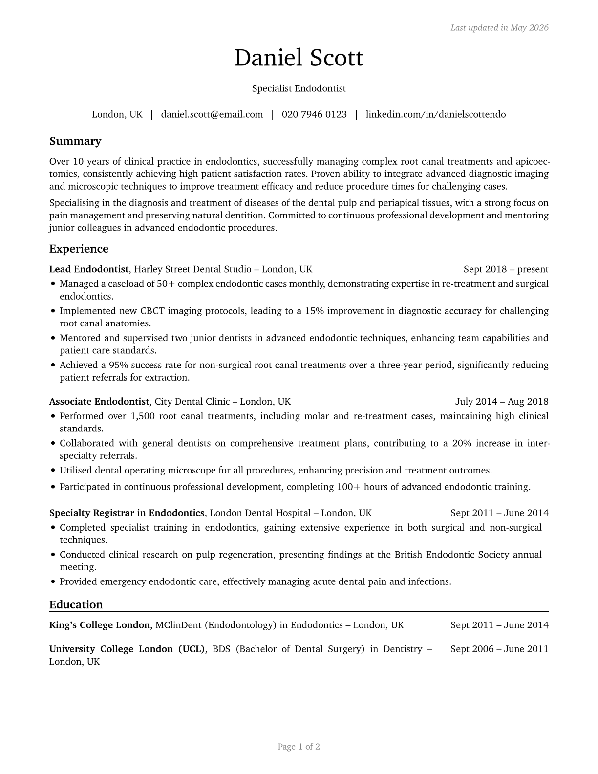 Dentists, All Other Specialists CV in English — page 1