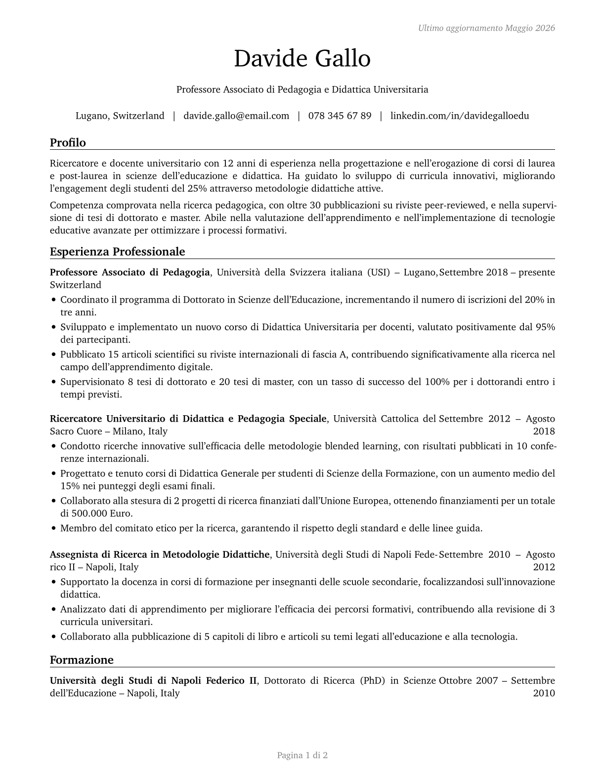 Education Teachers, Postsecondary CV in Italian — page 1