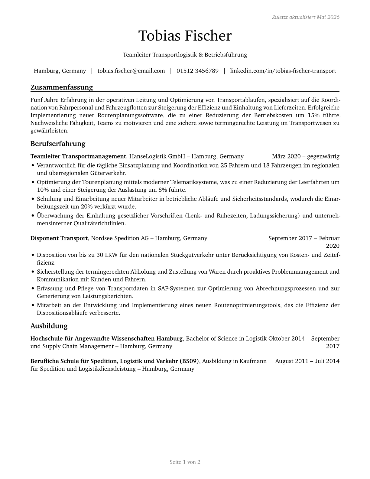First-Line Supervisors of Transportation Workers, All Other CV in German — page 1