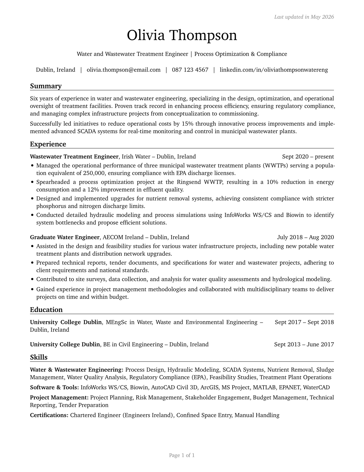 Water/Wastewater Engineers CV in English — page 1