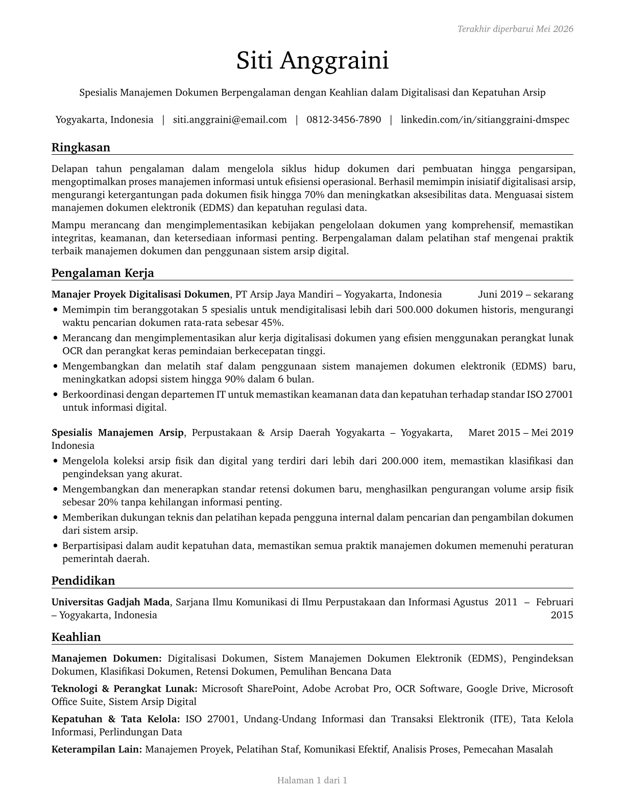 Document Management Specialists CV in Indonesian — page 1