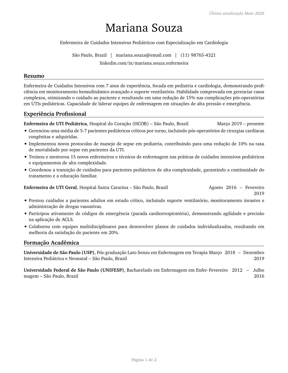 Critical Care Nurses CV in Portuguese — page 1