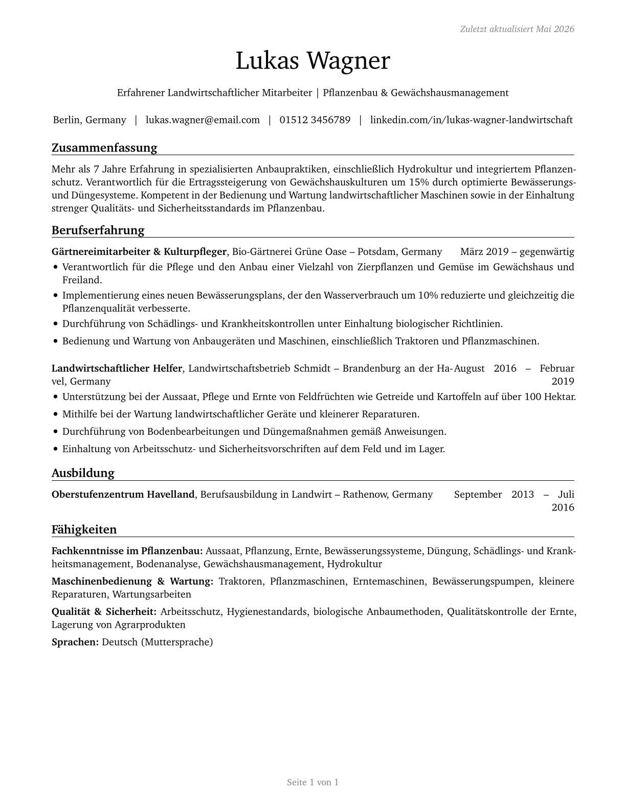Farmworkers and Laborers, Crop, Nursery, and Greenhouse CV in German — page 1