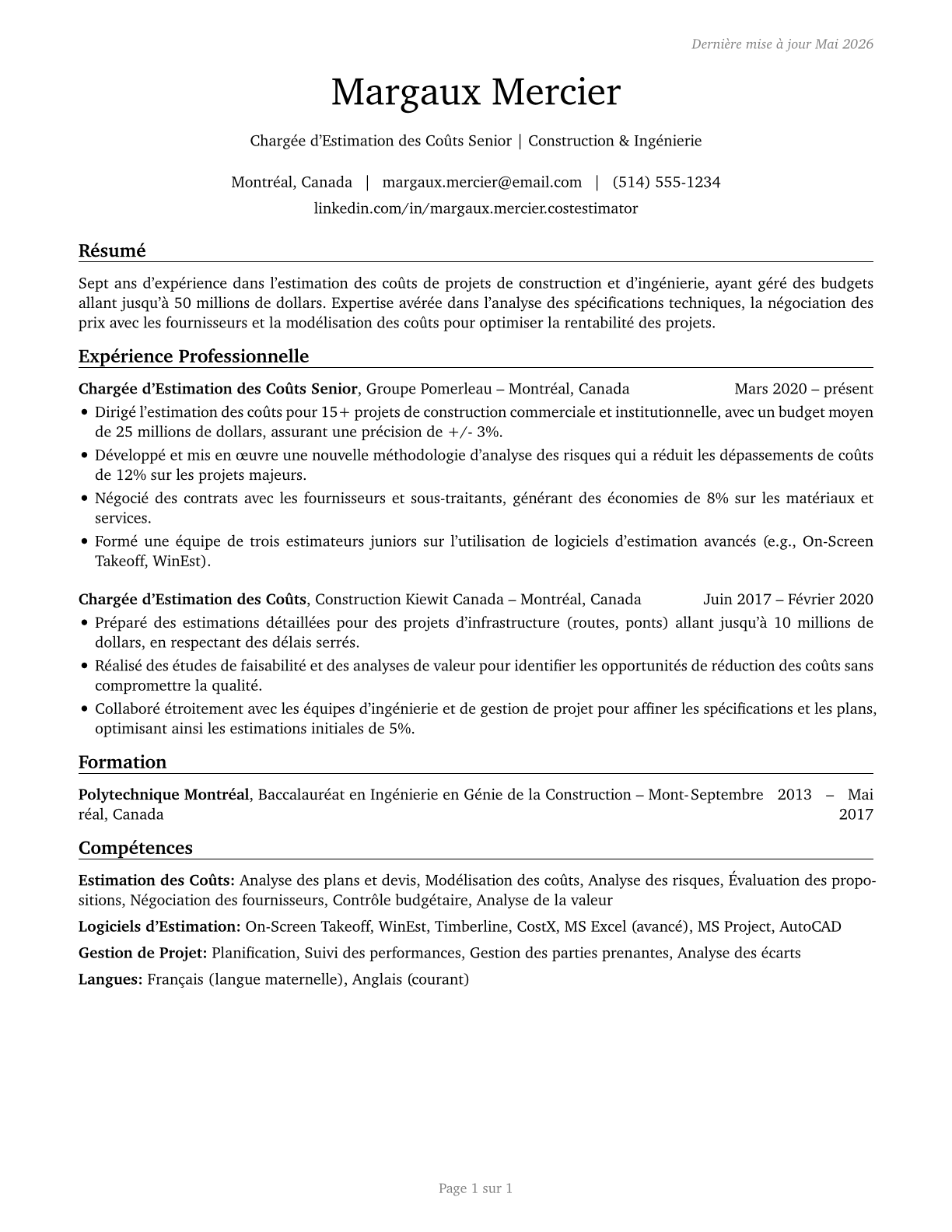 Cost Estimators CV in French — page 1
