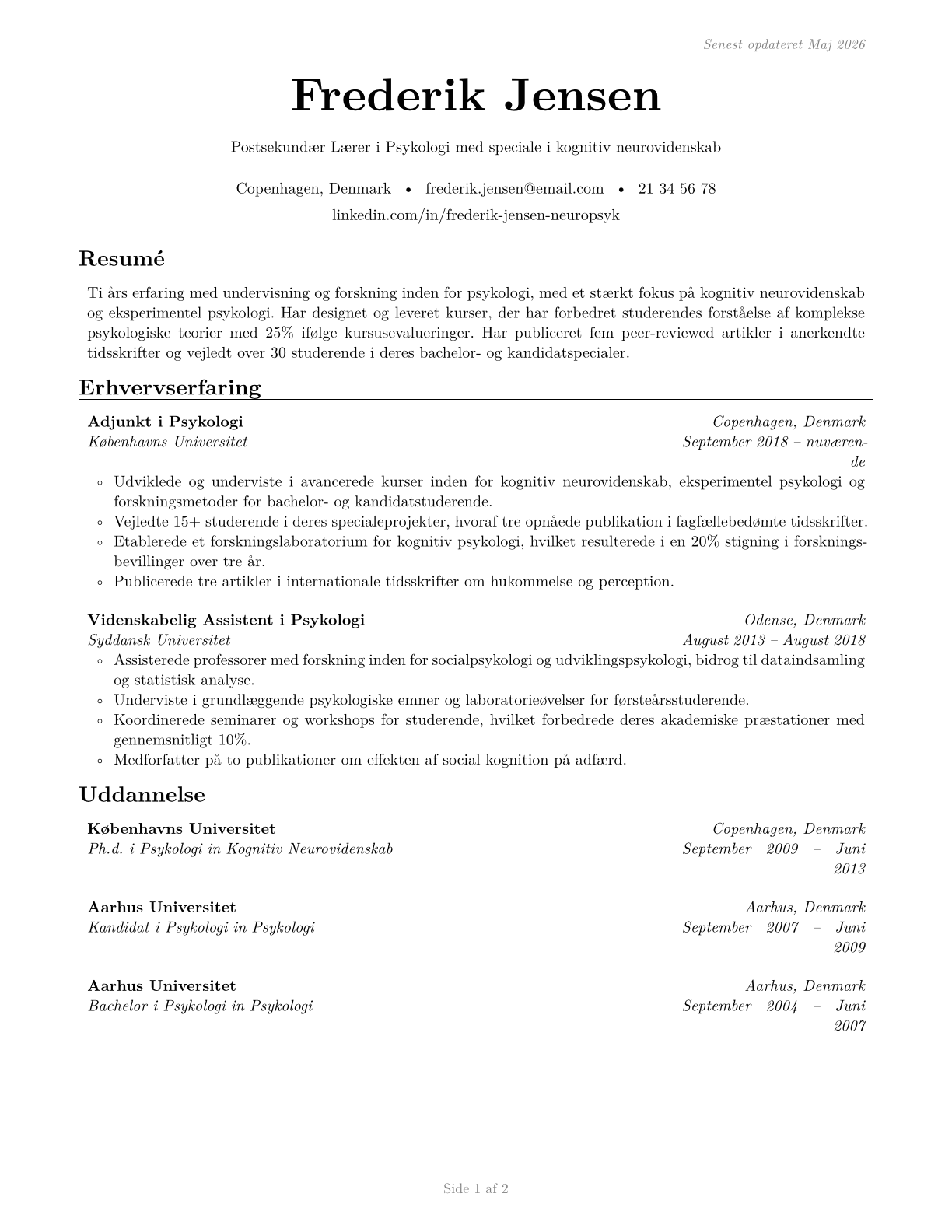 Psychology Teachers, Postsecondary CV in Danish — page 1